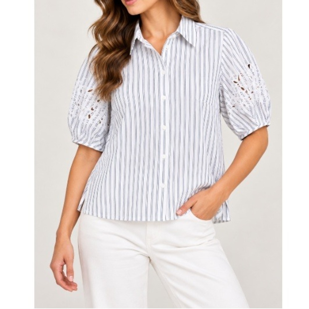J. Crew Ivory Blue Striped Cotton Poplin Eyelet Puff Sleeve Shirt Size 8 NWT